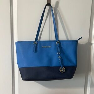 Michael Kors Blue and Navy Colorblock Tote with Gold Hardware